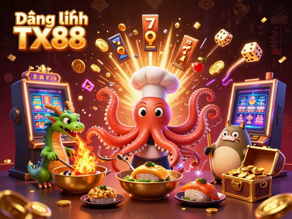 Engage with the vibrant scene of Đăng ký TX88 showcasing a colorful octopus chef, lucky symbols, and a fiery dragon in a dynamic casino atmosphere.