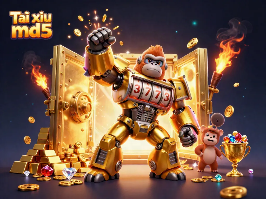 The golden gorilla mech celebrates a big win in Tài xỉu md5 with vibrant casino-themed elements.