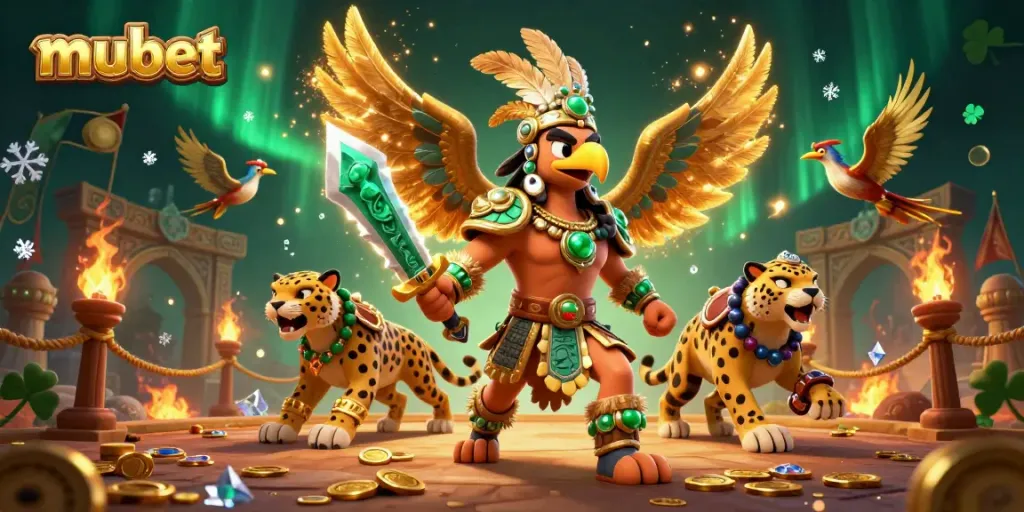 Experience thrilling action at mubet with 3D Aztec warriors and vibrant casino elements.
