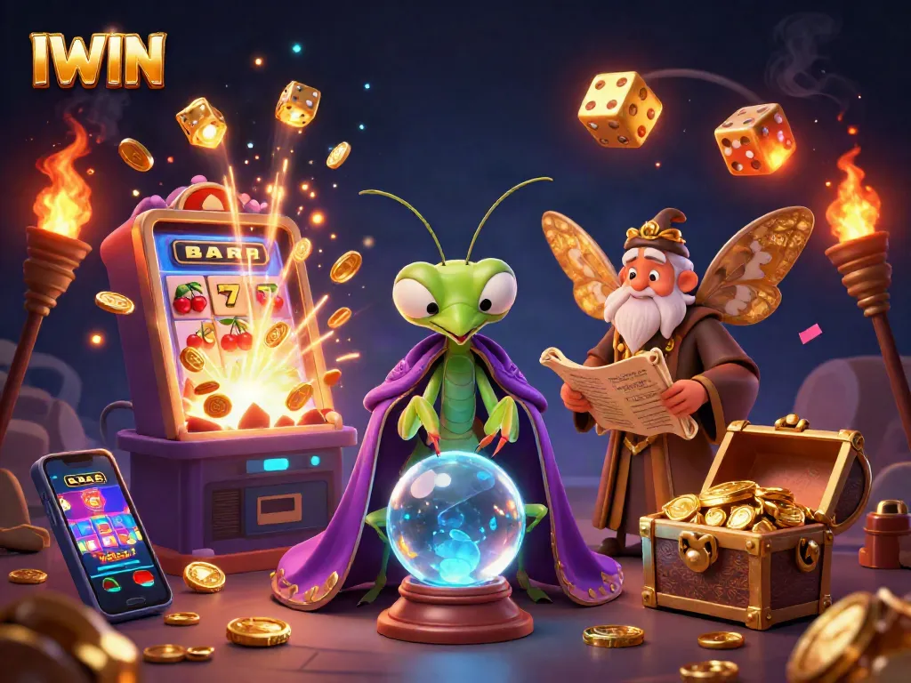 IWIN fortune teller and moth librarian surrounded by casino-themed elements in a vibrant 3D scene.