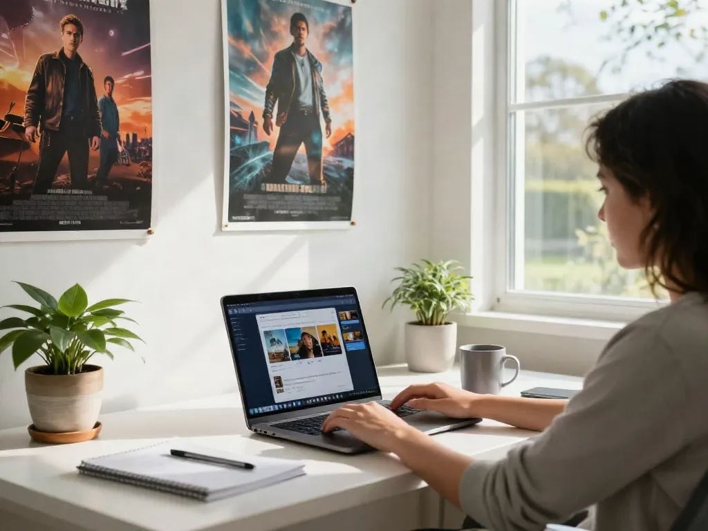 Enjoying Movie Box for laptop in a cozy home office setup.