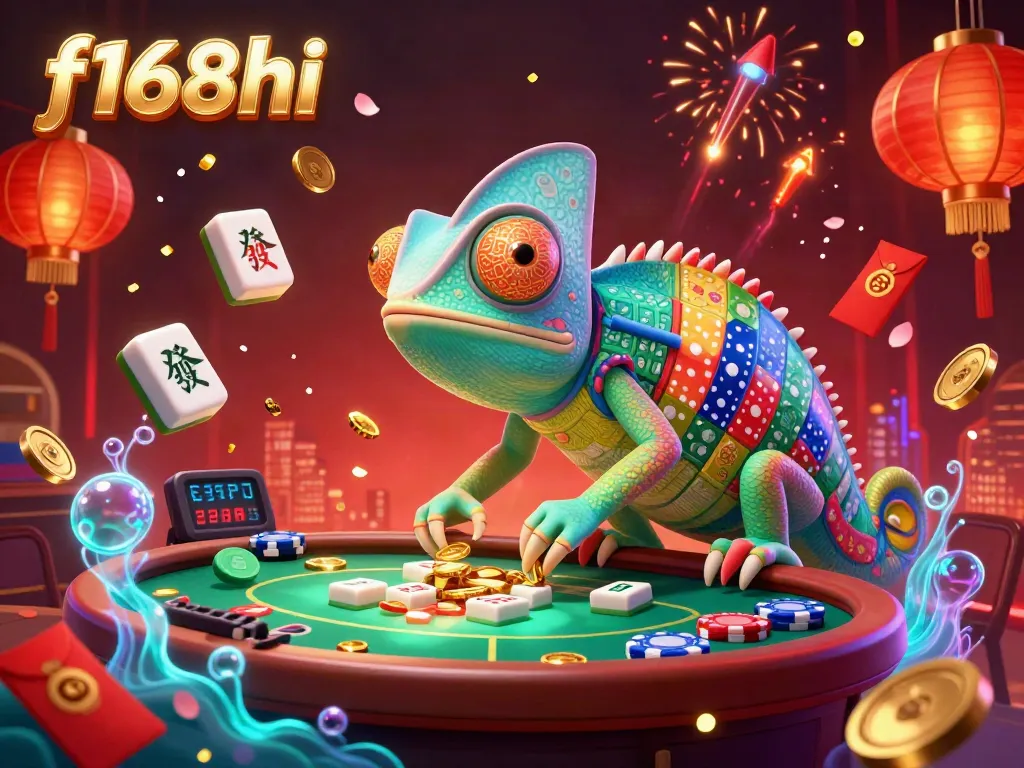 Experience the exciting world of f168hi with a colorful chameleon casino owner surrounded by dynamic gaming elements.