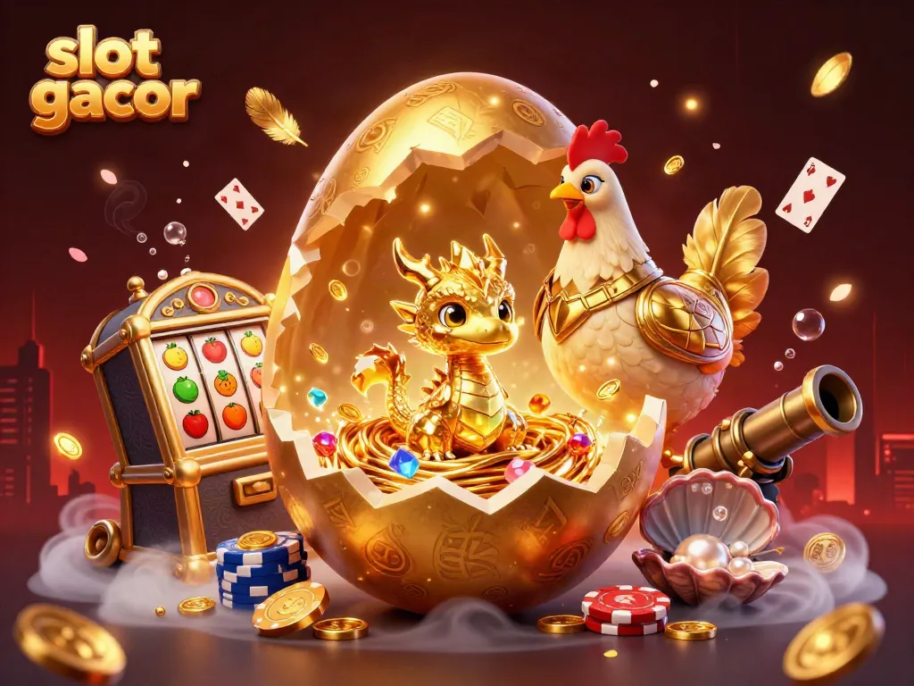 Engage with slot gacor visuals depicting a golden baby dragon on poker chips amid vibrant casino elements.