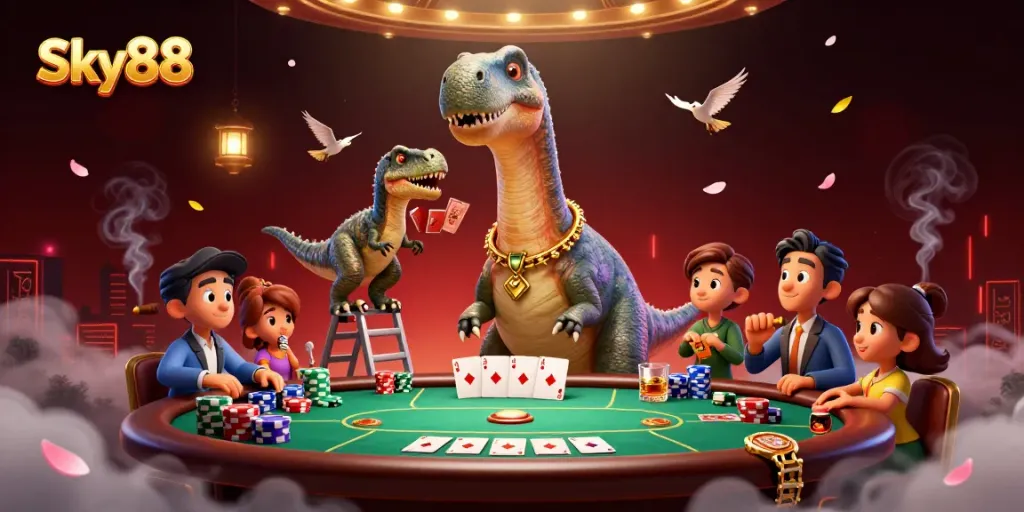 Sky88's immersive casino scene features a playful dinosaur and dynamic poker action.
