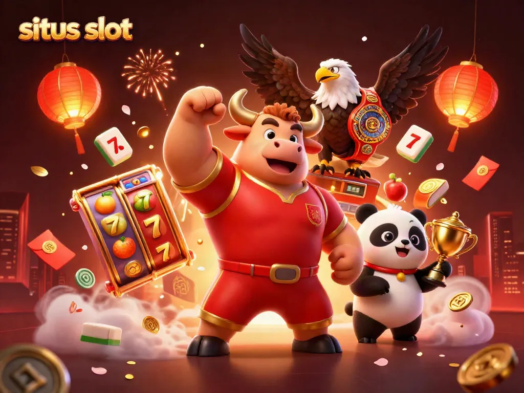 Engage in situs slot action with dynamic characters, spinning reels, and festive casino elements.