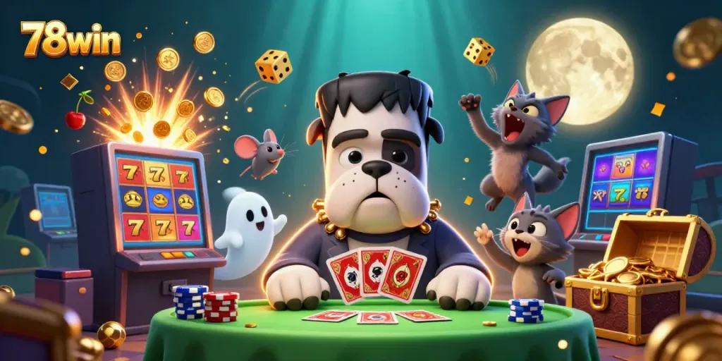 Experience thrilling 78win action with a cartoon Frankenstein bulldog dealing cards at a spooky table