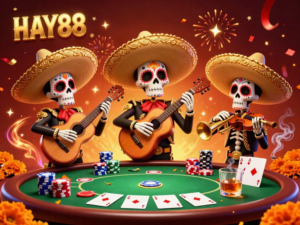 Experience the vibrant HAY88 casino adventure with a dynamic mariachi band at a poker table.