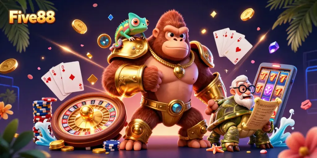 Engage with Five88's thrilling casino adventure in a vibrant 3D illustration of animated characters.