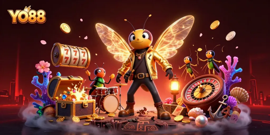 YO88 captivates players with vibrant visuals of a cartoon cicada rock star in a casino-themed scene.