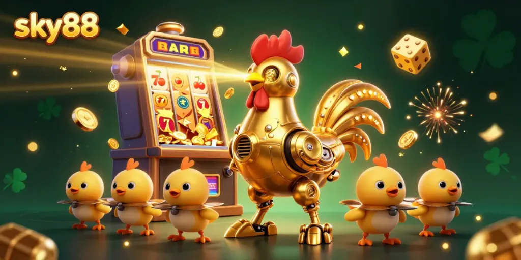 Engage with sky88's thrilling casino experience, featuring a charming retro-futuristic robot and dynamic gaming elements.