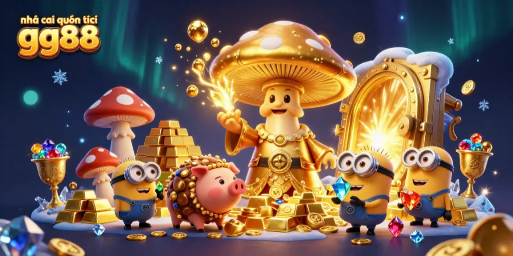 Experience the magic of nhà cái quốc tế gg88 as the golden mushroom wizard conjures wealth in a vibrant casino scene.