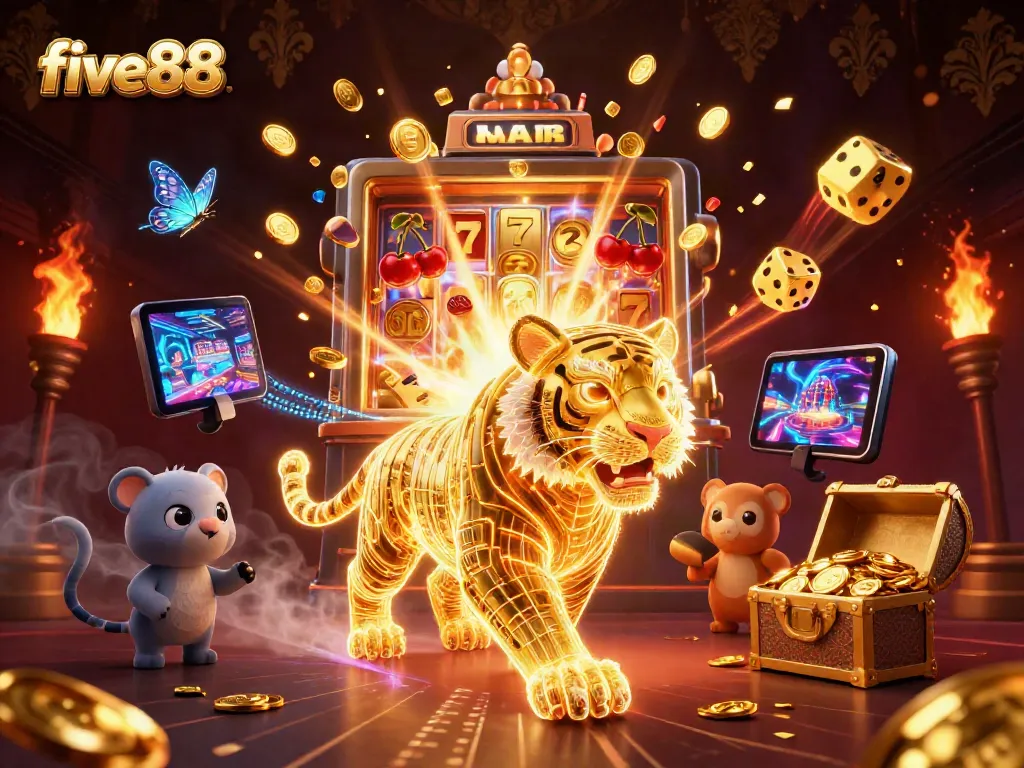 Experience the thrill of five88 with immersive light-energy tigers in a vibrant casino scene.