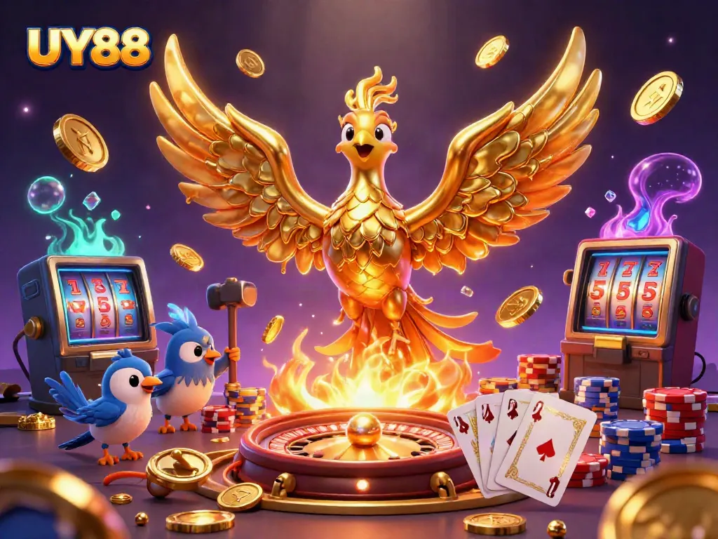 Experience thrilling action at UY88 with golden phoenix and explosive casino elements.