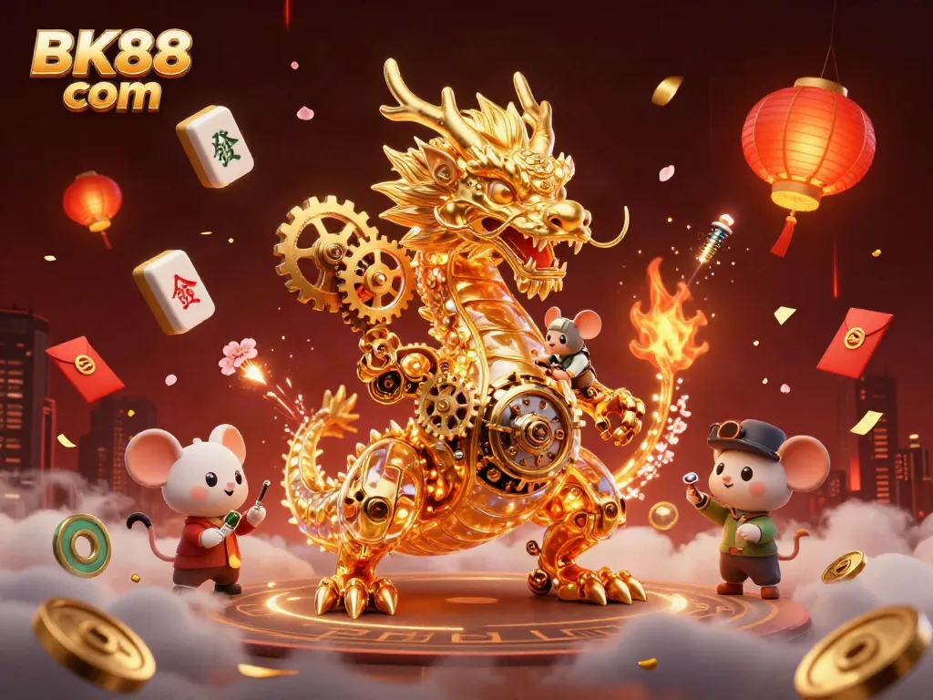 Experience thrilling gaming moments at BK88 com with golden dragon and festive casino elements.