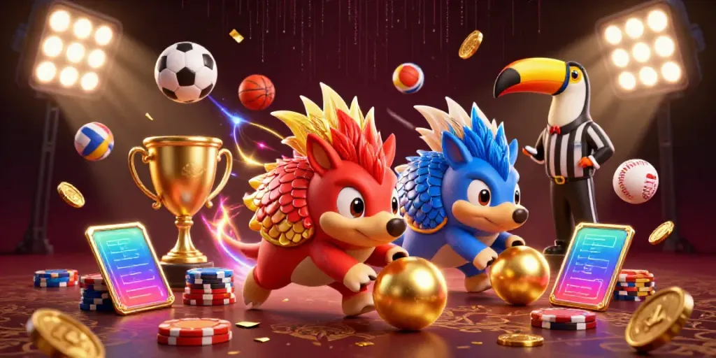 Engage with Link UU88 as rival pangolins compete in a vibrant casino scene filled with gold coins and poker chips.