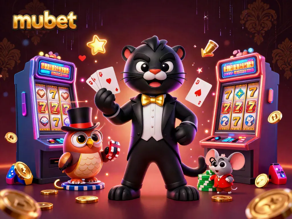 Engage with the festive mubet gaming action featuring a stylish panther dealer, whimsical owl, and lucky mouse in a vibrant casino.